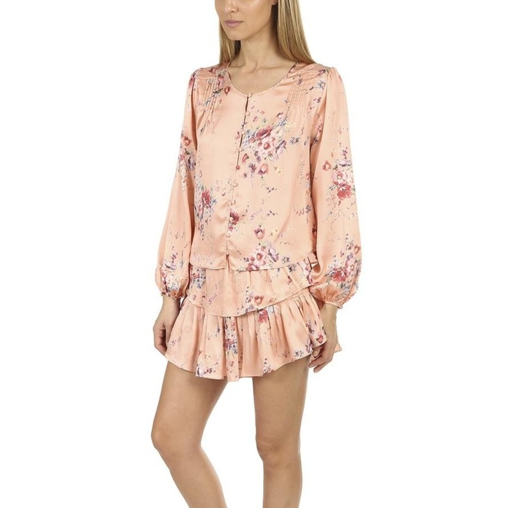 LoveShackFancy Blouse Womens Small Pink 100% Silk Floral Button Front Satin Top - Picture 3 of 16